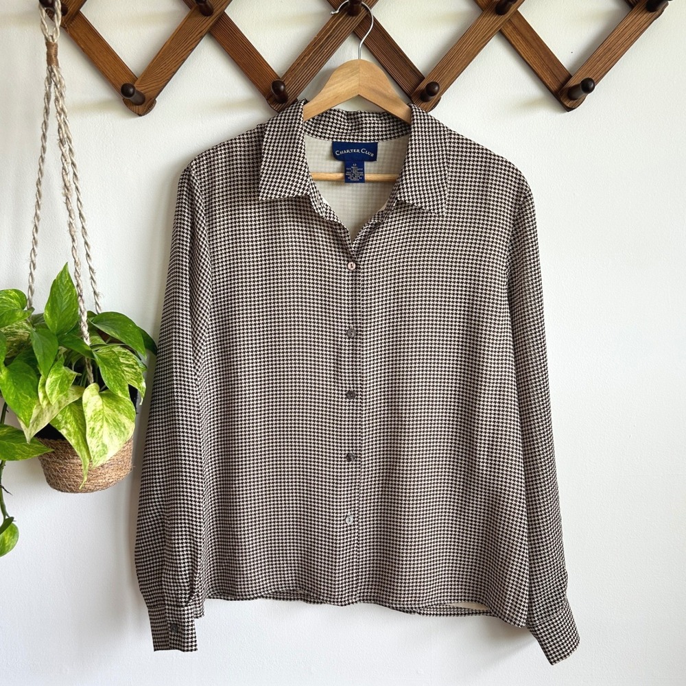 Charter Club Brown Houndstooth Button Down Blouse Long Sleeve Size 12โ Academia
